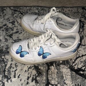 Custom White Air Force 1 with Blue Butterfly Design